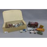 Collection of vintage diecast vehicles, figures and farm animals, some by Dinky, all playworn,