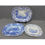 19th century Staffordshire blue and white transfer printed ashets to include Antique Scenery,