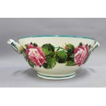 Wemyss cabbage rose pattern twin haled bowl, with yellow 'Wemyss' backstamp, 23cm including handles