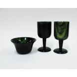 Two spinach green goblets, bowl with plain footrim, 10cm diameter (3)