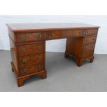 Modern burr wood pedestal desk / dressing table, with an arrangement of nine drawers, 76 x 152 x