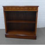 Modern low open bookcase, with two adjustable shelves and harebell garland marquetry, 92 x 92 x 33cm