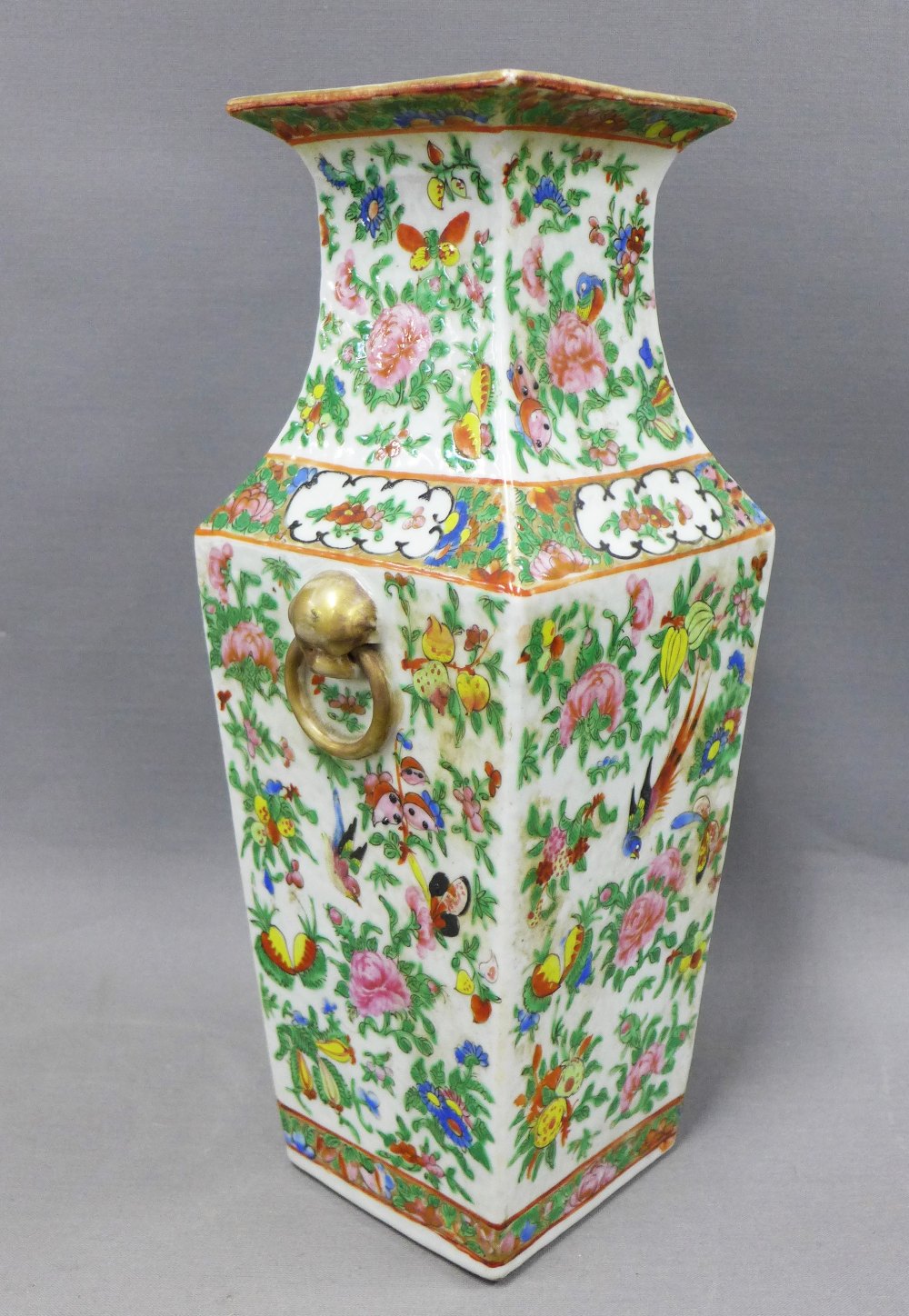 Chinese famille rose vase of square tapering form, with gilt ring handles and painted with birds, - Image 2 of 5