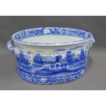 19th century Staffordshire blue and white transfer printed footbath with bridge and turret