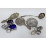 Victorian silver salt with blue glass liner, Chester 1897, together with a group of Epns items to