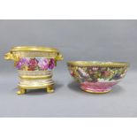 English porcelain pot pourri bowl, gilded rims and hand painted band of mixed flowers, mask