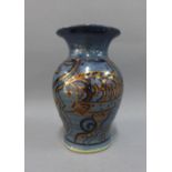 Arran studio pottery vase, blue ground and copper lustre fish pattern, 16cm