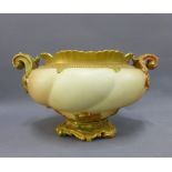 Royal Worcester blush ivory bowl, with gilt rim and handles, shape number 1459, puce printed