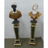 Two Orientalist style hardstone busts, 67 x 63cm together with a pair of green hardstone columns,