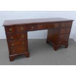 Modern burr wood pedestal desk / dressing table, with an arrangement of nine drawers, 76 x 152 x