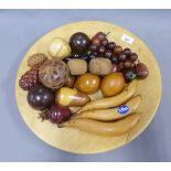 Birch fruit bowl and a collection of wooden fruit and seeds, (a lot)