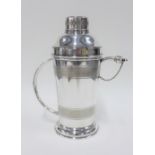 Epns cocktail shaker with detachable cover, strainer and spoon, stamped PHV & Co, Made in England,