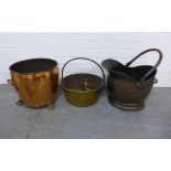 Copper coal bucket, copper planter, brass jelly pan and two brass jugs, etc