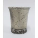Eastern polished silver beaker, engraved pattern, inscribed and with foliate border, stamped