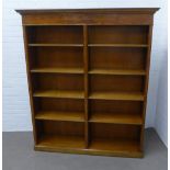 Two section reproduction open bookcase, with adjustable shelves and harebell garland marquetry,