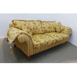 Parker & Farr three seater sofa, modern, upholstered in gold fabric with a striped base and floral