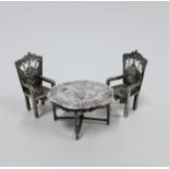 Victorian miniature silver table and pair of silver armchairs, Louis Landsberg, import marks for