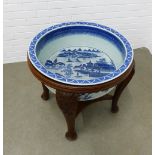 Chinese blue and white fish bowl / tank, of large circular size, painted with pagoda and river