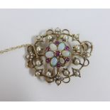 9ct gold opal and seed pearl brooch, of open work design with a central flowerhead of opals and pink