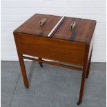 Early 20th century sewing table with boxwood stringing, two lift up lids with composite handles, the