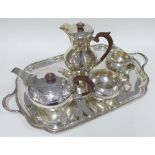 Walker & Hall silver four piece tea and coffee set, Sheffield 1949, of squat globular form with