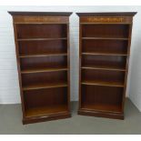 Pair of modern open bookcases with adjustable shelves and harebell garland marquetry, 183 x 91 x