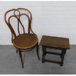 Early 20th century bentwood café chair with patterned seat 44 x 90cm, together with an oak stool,