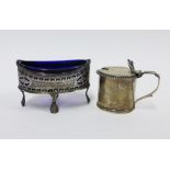 George III silver salt, navette shaped with blue glass liner, maker mark T.S, probably for Thomas