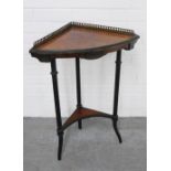 Aesthetic period ebonised and amboyna burl wood two tier corner table, with pierced brass gallery