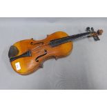 late 19th / early 20th century violin, unlabelled, ornate brass inlay to back, 59cm