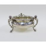 Edwardian silver bowl, gadrooned rim and three caryatid handles with hoof feet, London 1908, 15 x