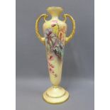 Royal Worcester blush ground twin handled vase by William Hale, with blossom and leaf decoration