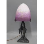 Wrought iron table lamp base with Le Verre Francais domed glass shade, with etched marks, height