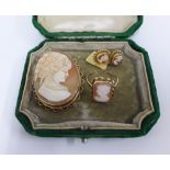 9ct gold Cameo brooch and 9ct gold earrings with a Cameo ring on a yellow metal band - a/f (3)