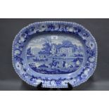 Staffordshire blue and white transfer printed ashet - Hollywell Cottage, 54cm