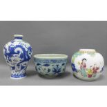 Chinese blue and white Mieping vase, Chinese ginger jar style vase and a blue and white bowl,