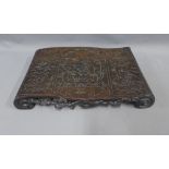 Silver inlaid hardwood stand of scroll form, the top with lotus and cranes, 46 x 30cm