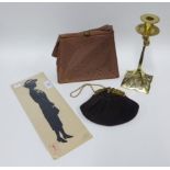 Art Nouveau style brass candlestick, two vintage evening bags and an Empire Exhibition silhouette by