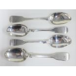 Four silver fiddle pattern teaspoons to include Newcastle 1865, Glasgow 1827 and Sheffield 1902 (4)