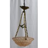 Deque, French moulded glass plaffonier with gilt metal hanging chains, signed, drop is 65cm, shade