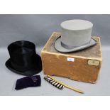 Charles Weir black silk top hat and cream silk scarf, grey felt top hat, size 6 and five eights