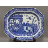 Chinese Qianlong blue and white serving plate of rectangular canted form, painted with figures
