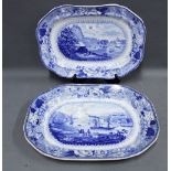 Staffordshire blue and white transfer printed ashet47cm, together with a smaller ashet with View