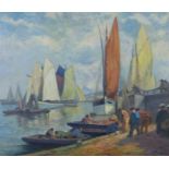 L. Richards, quayside with figures and boats, oil on canvas, signed, framed, 59 x 49cm