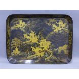 Chinoiserie black lacquer and gilt tray, rectangular form, painted with pagodas, 56 x 42cm