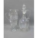 Cut glass water jug and a clear glass claret jug and stopper, (2)