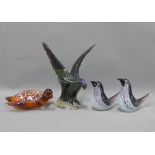The coloured art glass birds and an art glass turtle, (4) 23cm