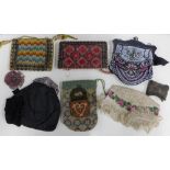 Collection of antique needlework and beadwork bags and purses and Dutch lace and beadwork skull