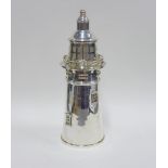 Silver plated lighthouse cocktail shaker with detachable top, overall height 36cm