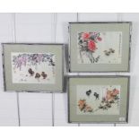 Three Chinese printed fabric panels, framed under glass, size overall 42 x 35cm (3)